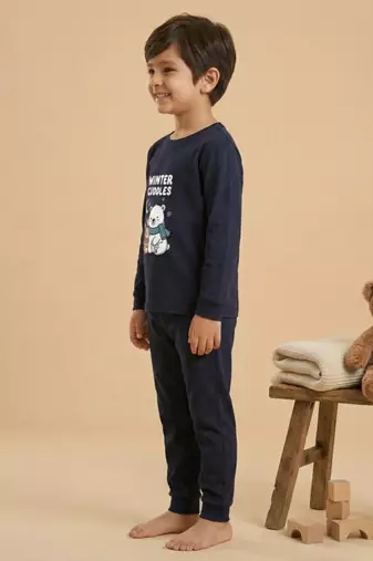 Boys cotton navy blue cuddly winter printed nightsuit