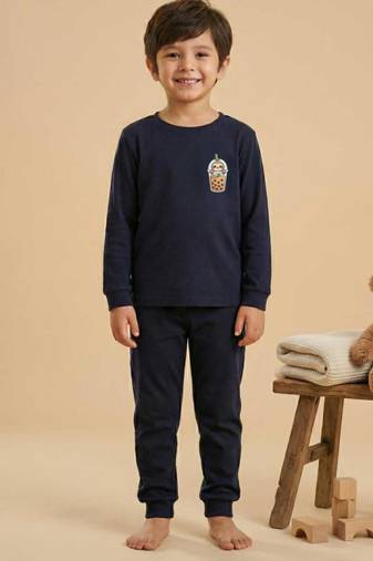 Boys cotton navy blue cute sloth boba printed nightsuit