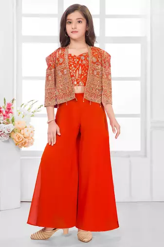  Orange sequence work with floral print jacket style indo western palazzo set