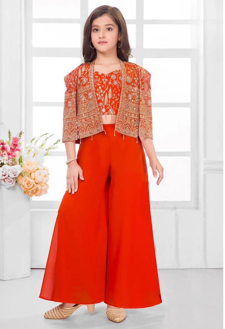  Orange sequence work with floral print jacket style indo western palazzo set