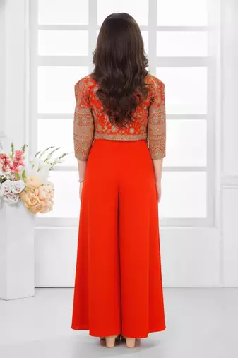  Orange sequence work with floral print jacket style indo western palazzo set