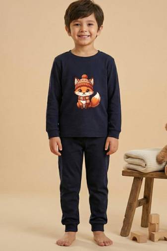 Boys cotton navy blue cozy fox printed nightsuit