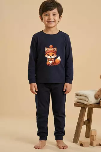 Boys cotton navy blue cozy fox printed nightsuit
