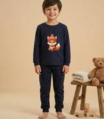 Boys cotton navy blue cozy fox printed nightsuit