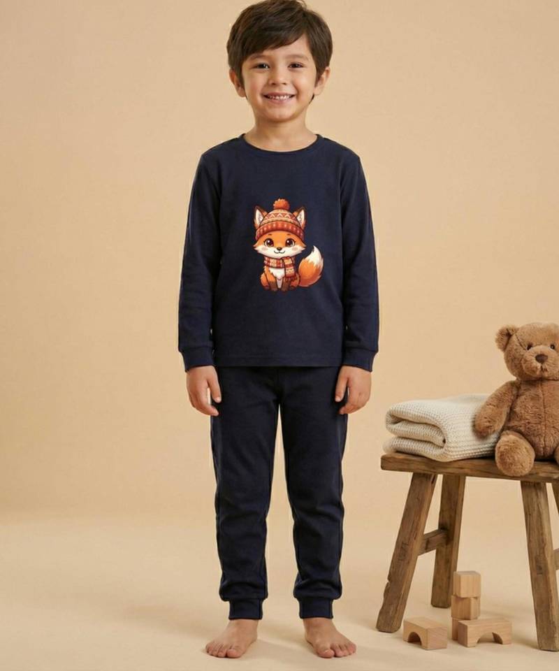 Boys cotton navy blue cozy fox printed nightsuit