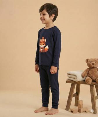 Boys cotton navy blue cozy fox printed nightsuit 3