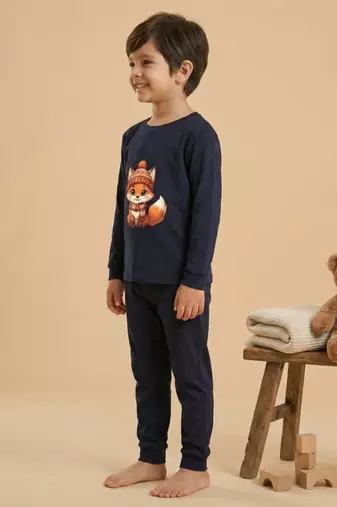 Boys cotton navy blue cozy fox printed nightsuit
