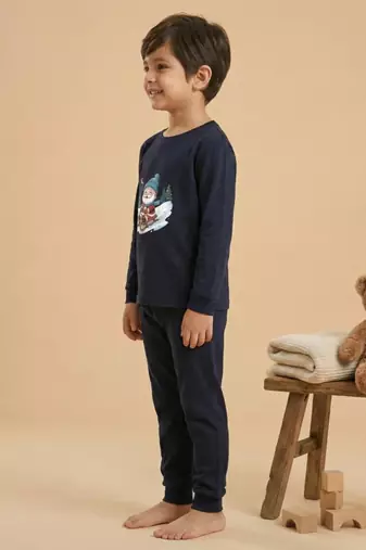 Boys cotton navy blue santa fun ride printed nightsuit