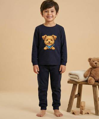 Boys cotton navy blue happy puppy printed nightsuit 1