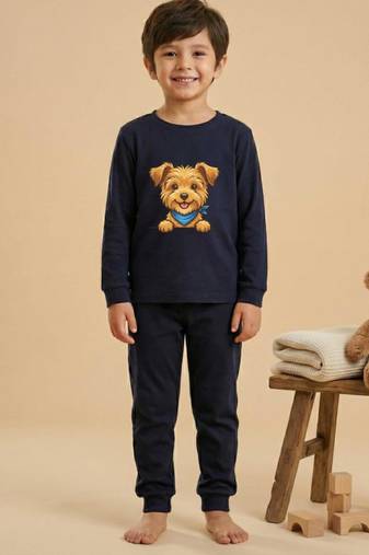 Boys cotton navy blue happy puppy printed nightsuit