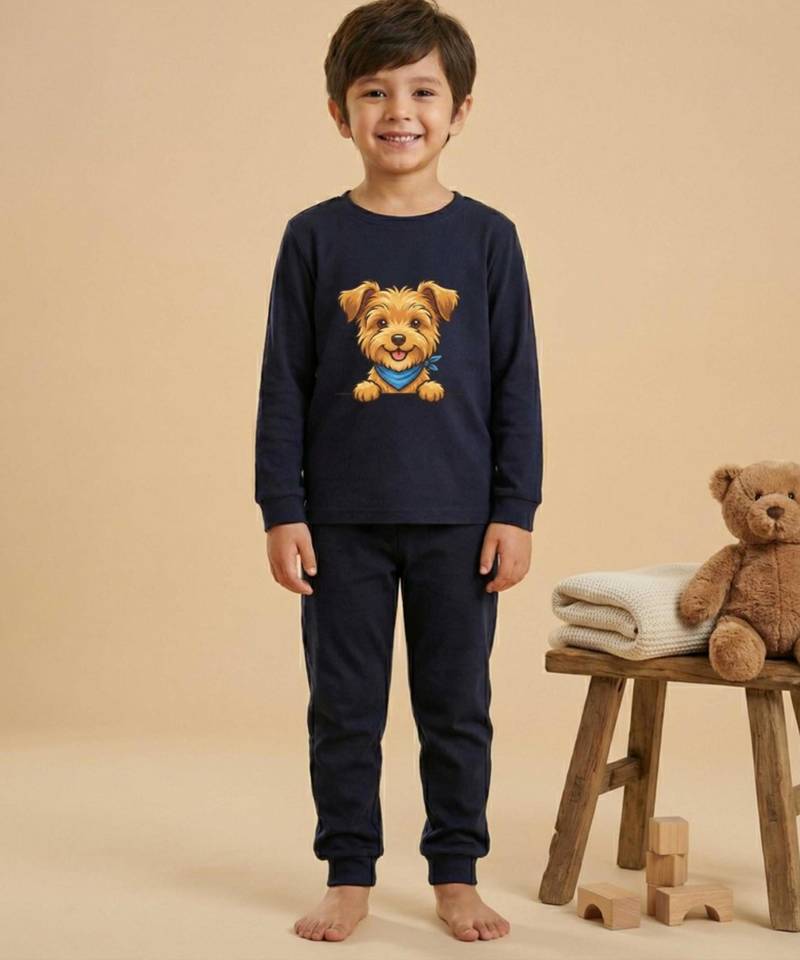 Boys cotton navy blue happy puppy printed nightsuit