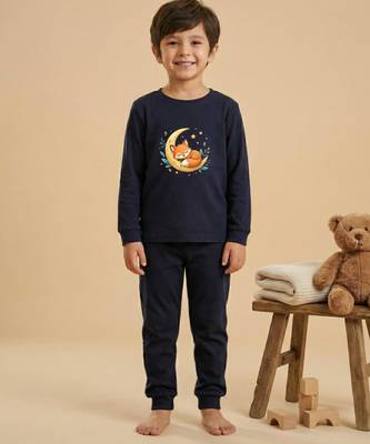 Boys cotton navy blue starry night fox printed nightsuit 1