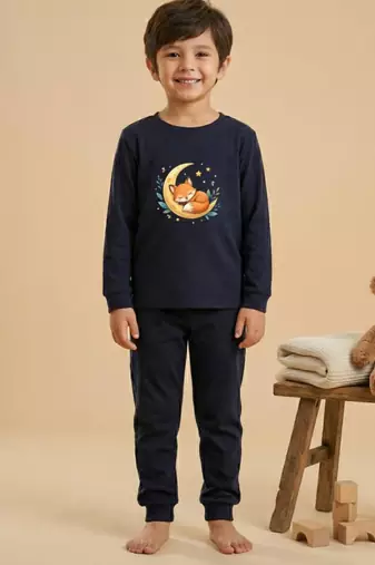 Boys cotton navy blue starry night fox printed nightsuit