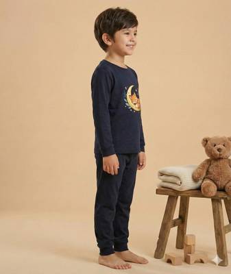 Boys cotton navy blue starry night fox printed nightsuit 3