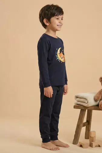 Boys cotton navy blue starry night fox printed nightsuit