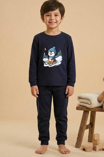 Boys cotton navy blue penguin fun ride printed nightsuit