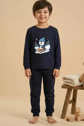 Boys cotton navy blue penguin fun ride printed nightsuit