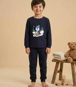 Boys cotton navy blue penguin fun ride printed nightsuit