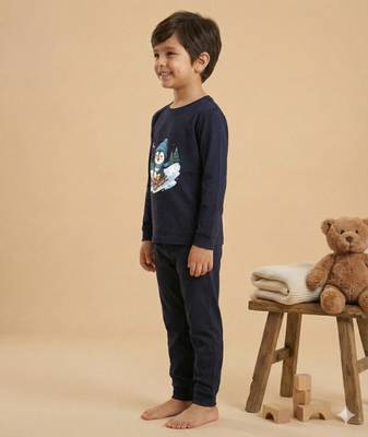 Boys cotton navy blue penguin fun ride printed nightsuit 3