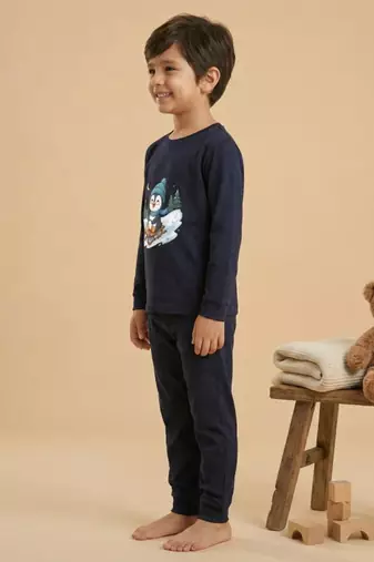 Boys cotton navy blue penguin fun ride printed nightsuit