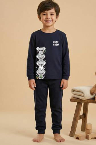 Boys cotton navy blue cute koala crew printed nightsuit