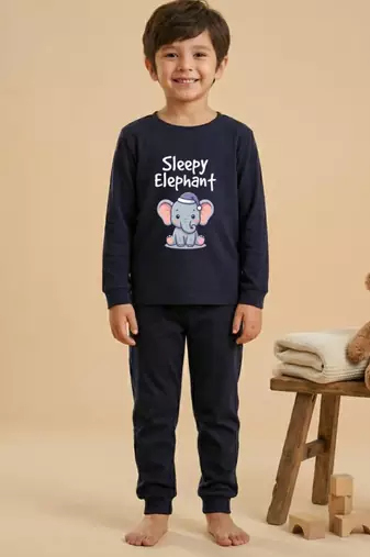 Boys cotton navy blue sleepy baby elephant printed nightsuit