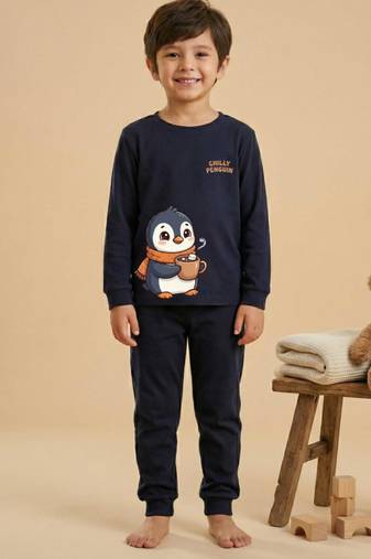 Boys cotton navy blue chilly penguin printed nightsuit