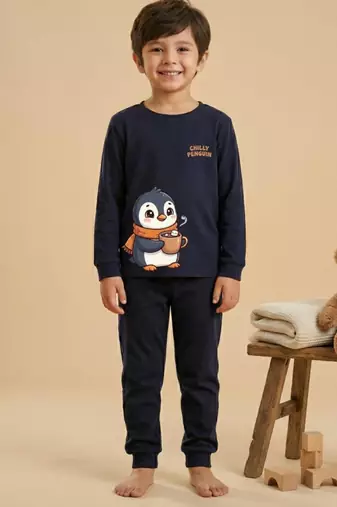 Boys cotton navy blue chilly penguin printed nightsuit