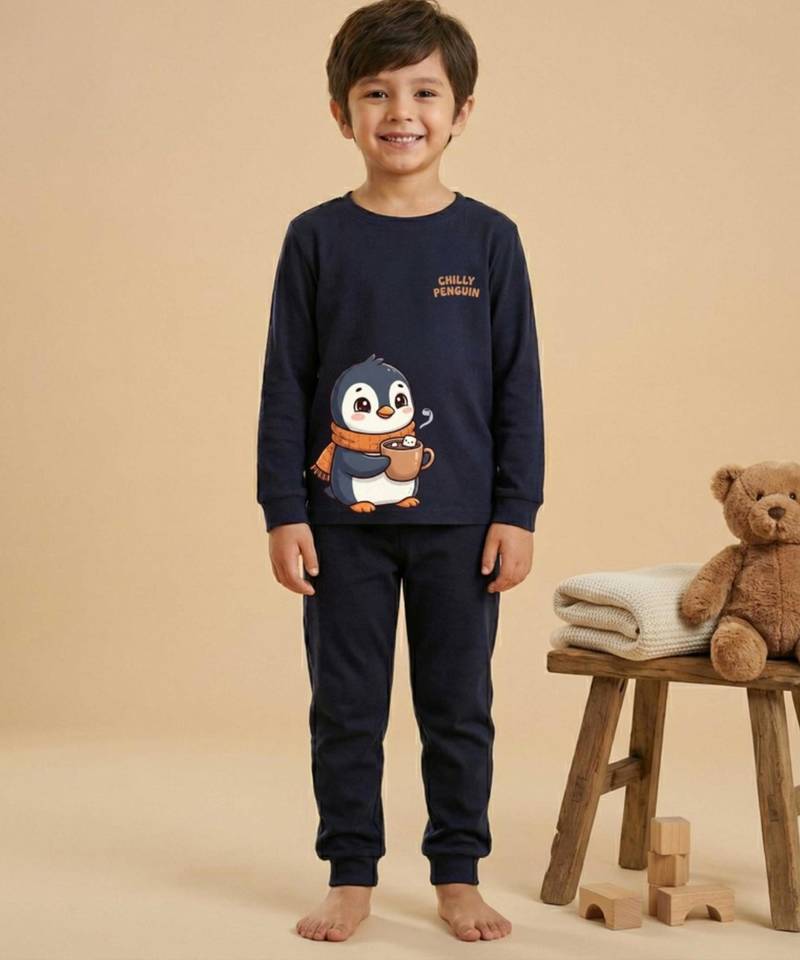 Boys cotton navy blue chilly penguin printed nightsuit