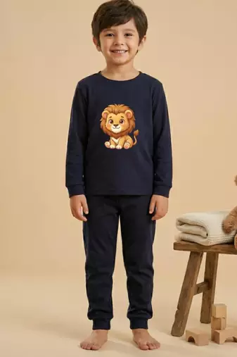 Boys cotton navy blue kawaii baby lion printed nightsuit