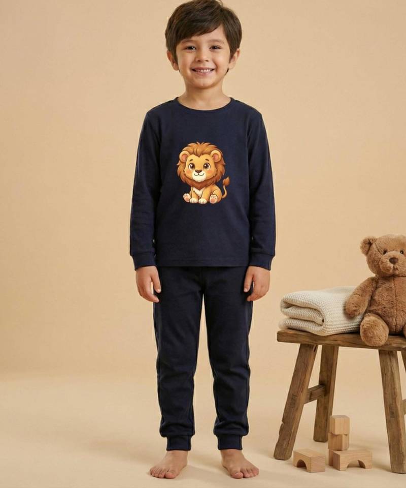 Boys cotton navy blue kawaii baby lion printed nightsuit