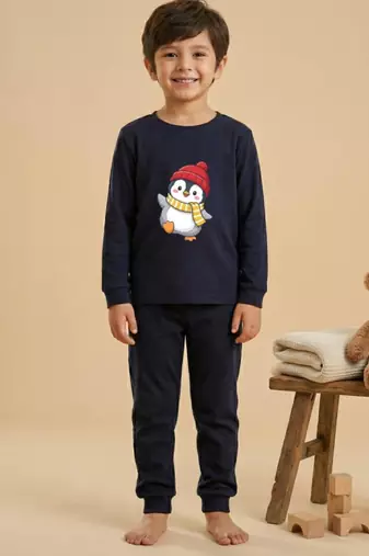 Boys cotton navy blue waving penguin printed nightsuit