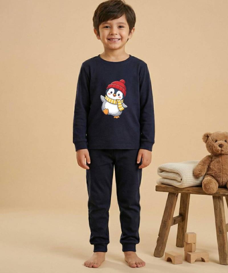 Boys cotton navy blue waving penguin printed nightsuit