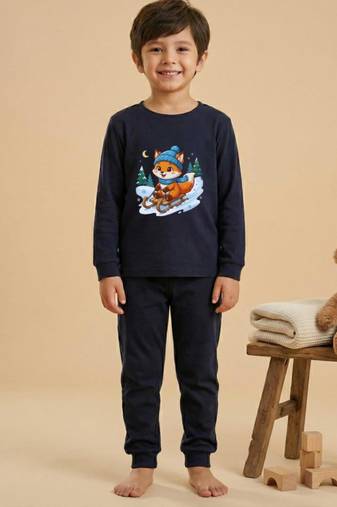 Boys cotton navy blue foxy fun ride printed nightsuit