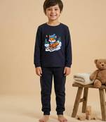Boys cotton navy blue foxy fun ride printed nightsuit