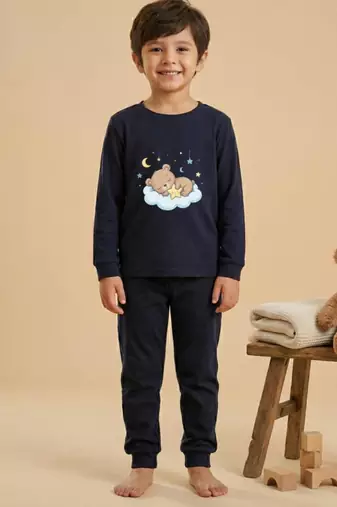 Boys cotton navy blue bedtime bear printed nightsuit