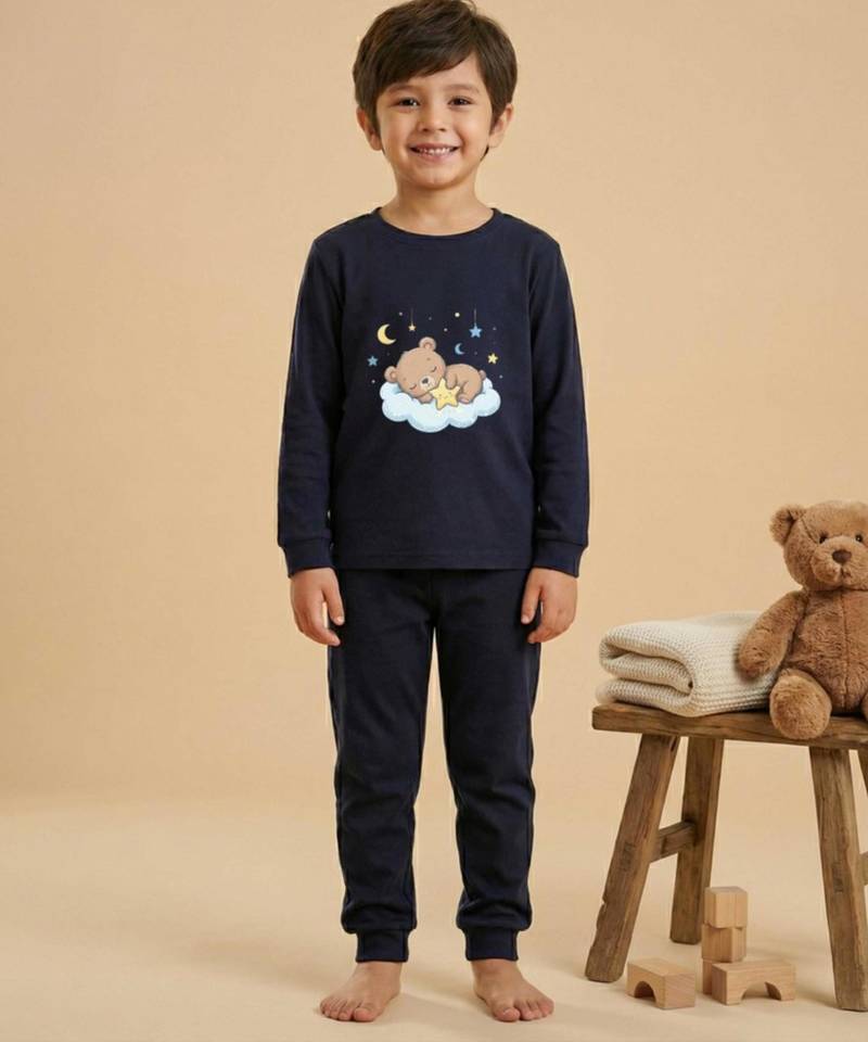 Boys cotton navy blue bedtime bear printed nightsuit