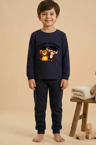 Boys cotton navy blue animal academy printed nightsuit