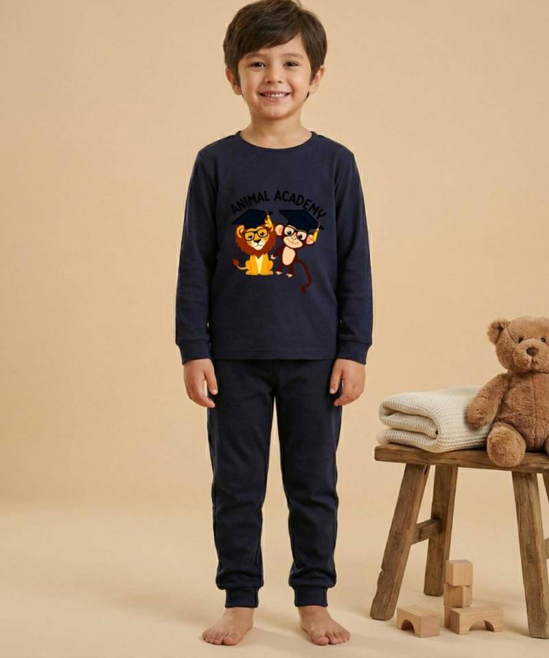 Boys cotton navy blue animal academy printed nightsuit