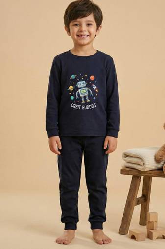 Boys cotton navy blue orbit buddies printed nightsuit