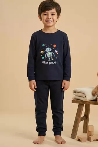 Boys cotton navy blue orbit buddies printed nightsuit