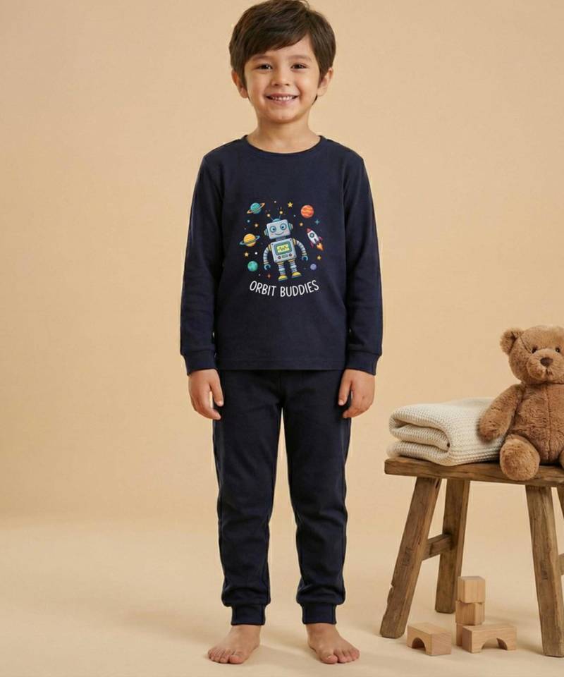 Boys cotton navy blue orbit buddies printed nightsuit