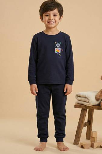 Boys cotton navy blue space raccoon pocket printed nightsuit