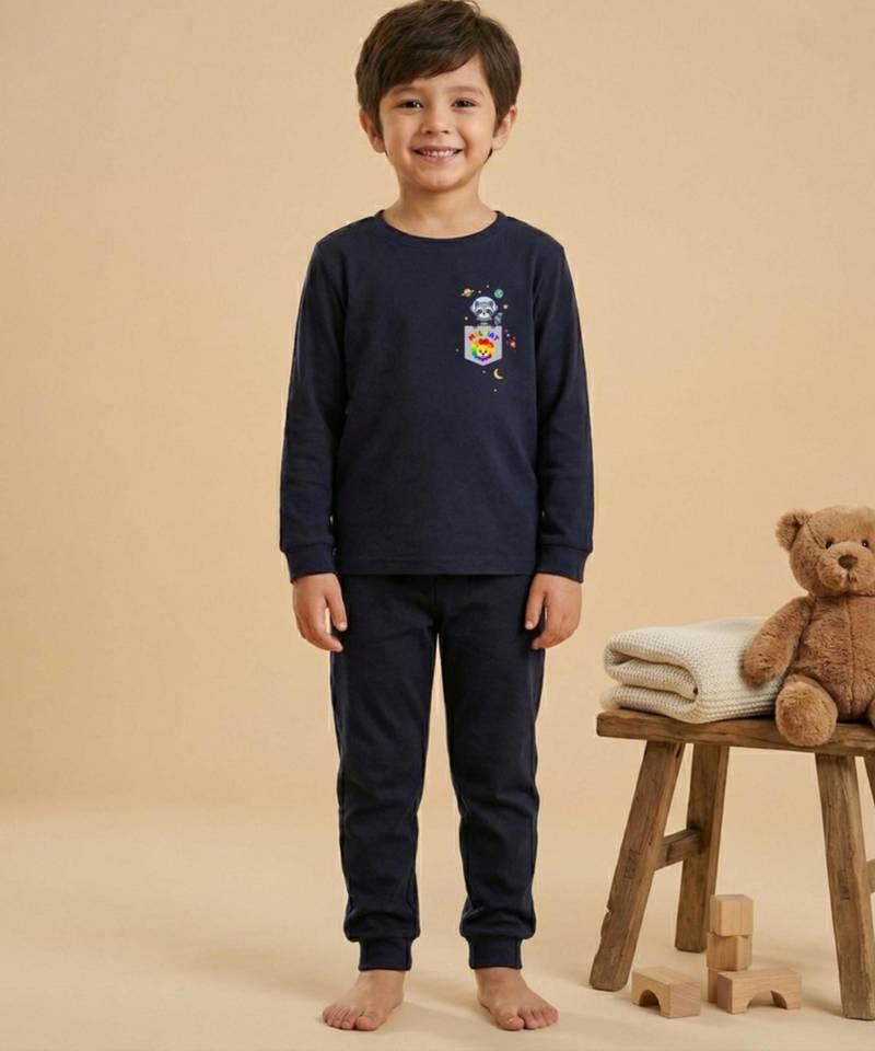 Boys cotton navy blue space raccoon pocket printed nightsuit