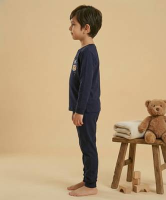 Boys cotton navy blue space raccoon pocket printed nightsuit 3