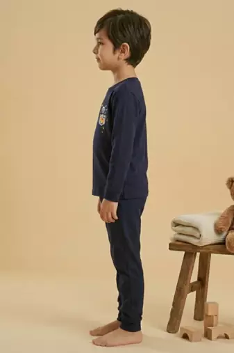 Boys cotton navy blue space raccoon pocket printed nightsuit