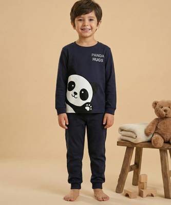 Boys cotton navy blue panda hugs printed nightsuit 1