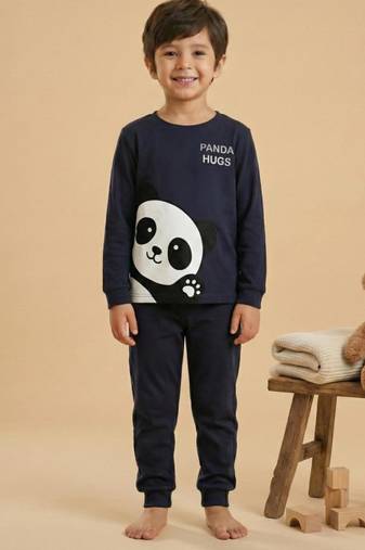 Boys cotton navy blue panda hugs printed nightsuit