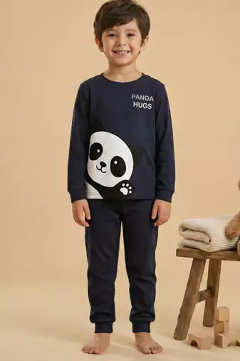 Boys cotton navy blue panda hugs printed nightsuit