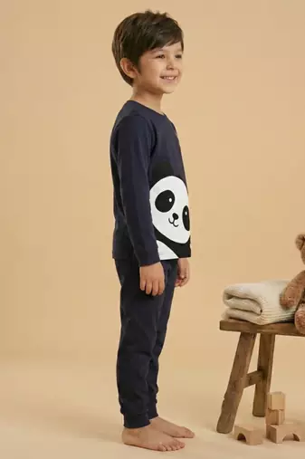 Boys cotton navy blue panda hugs printed nightsuit